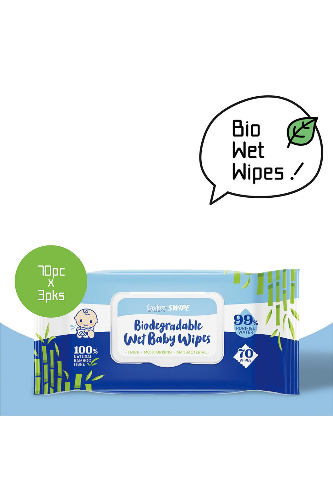 Baby Swipe Biodegradable Wet Baby Wipes (70Sheets) X 3Pks