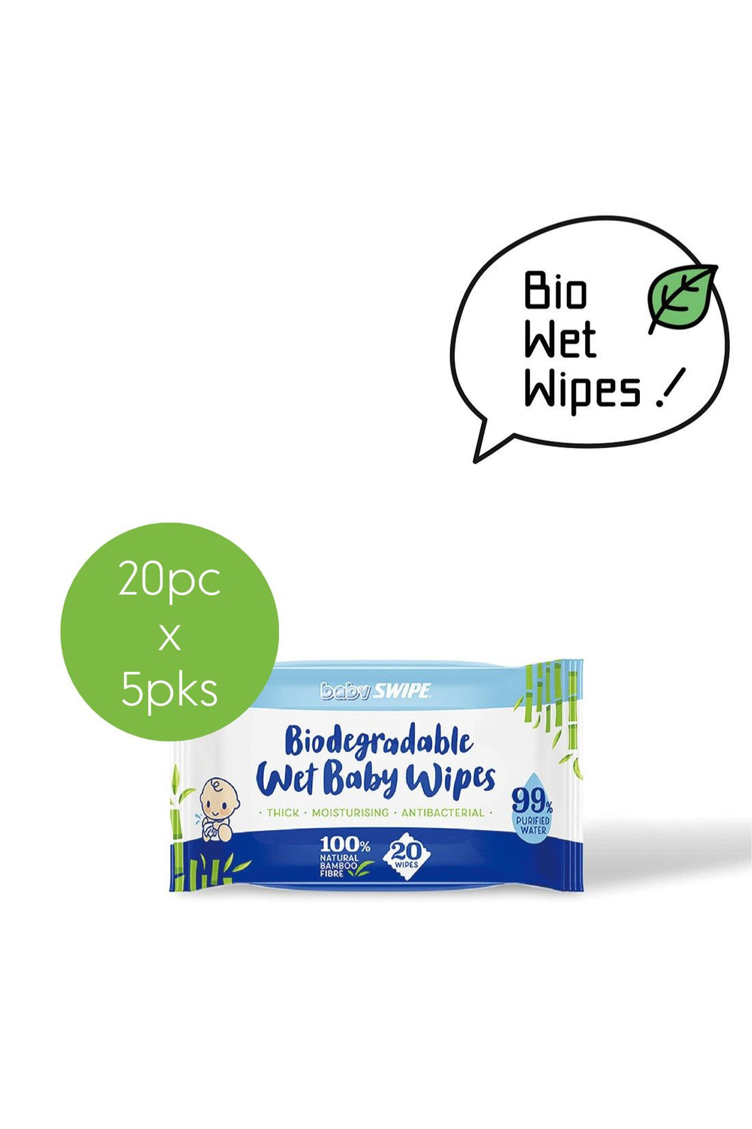 Baby Swipe  Biodegradable Wet Baby Wipes (20Sheets) X 5Pks