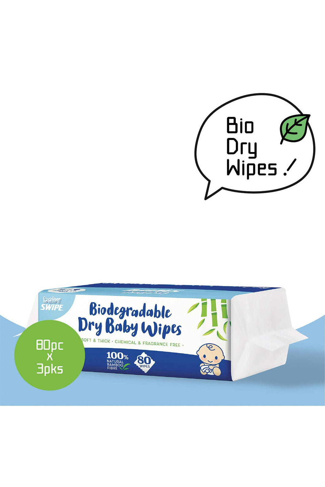 Baby Swipe  Biodegradable Dry Baby Wipes (80Sheets) X 3Pks
