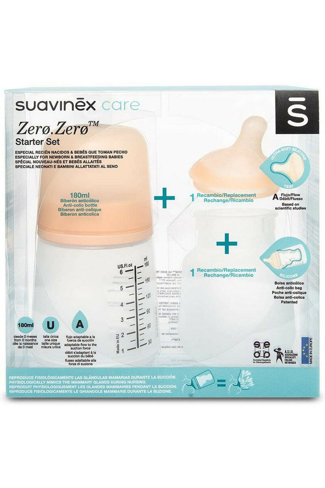Suavinex Zero Zero New Born Starter Set(Anti-colic Bottle 180 ml + Replacement Medium Flow Teat + Replacement Anti-colic Bag)