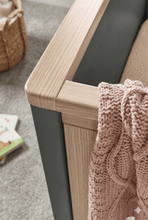 
                        
                          Load image into Gallery viewer, Mamas &amp; Papas Harwell Cotbed colour in Grey Natural  wooden round corner shot
                        
                      
