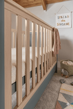 
                        
                          Load image into Gallery viewer, Mamas &amp; Papas Harwell Cotbed colour in Grey Natural wooden cot side close up
                        
                      
