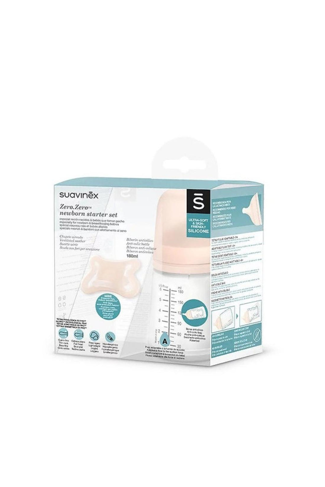 Suavinex Zero Zero New Born Starter Set(Anti-colic Bottle 180 ml + Replacement Medium Flow Teat + Replacement Anti-colic Bag)