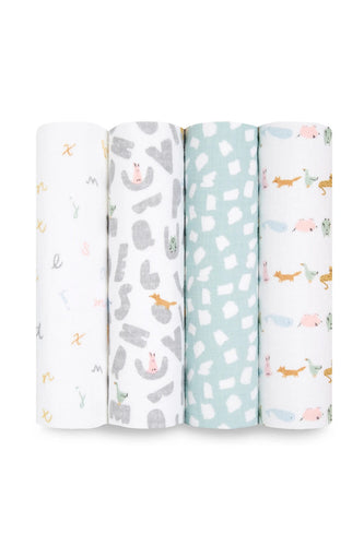 Aden + Anais Essentials Cotton Muslin Swaddles Alphabet Animals - 4 Pack 1