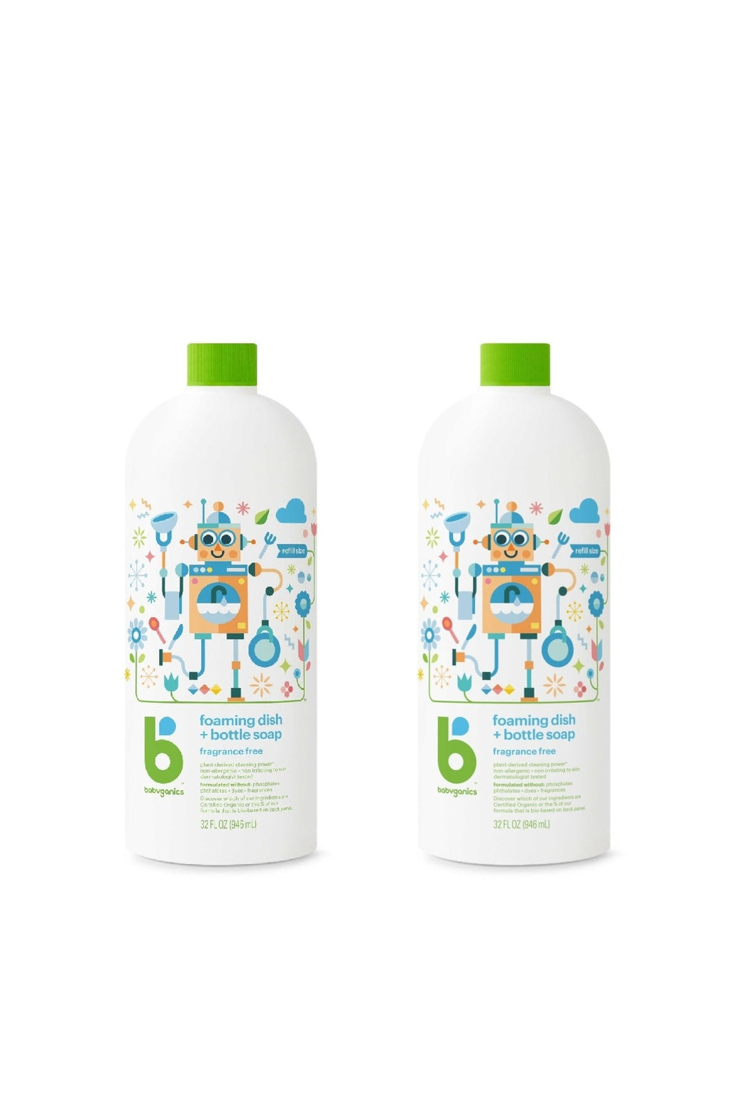 Babyganics Foaming Dish & Bottle Soap Refill 946ml - Fragrance Free (Twins Pack)