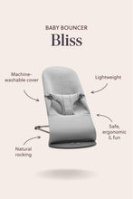 
                        
                          Load image into Gallery viewer, Gray baby bouncer with features listed on a beige background
                        
                      