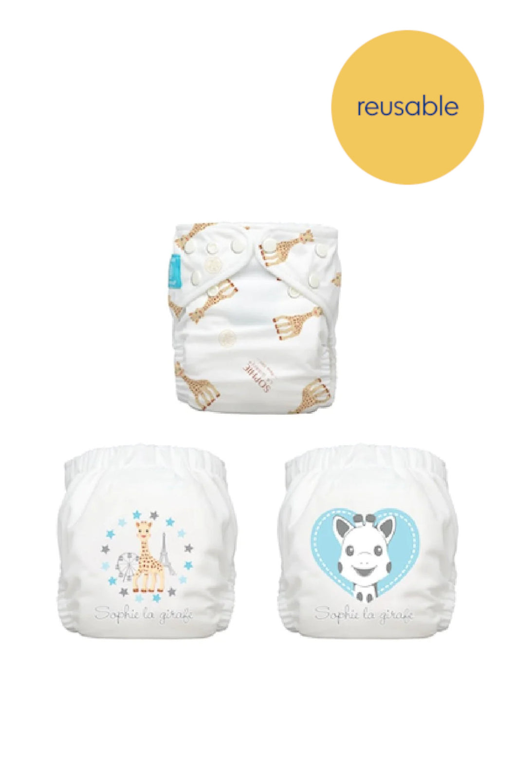 Charlie Banana 3 Reusable Cloth Diapers: One-Size with Fleece - Classic Sophie La Girafe