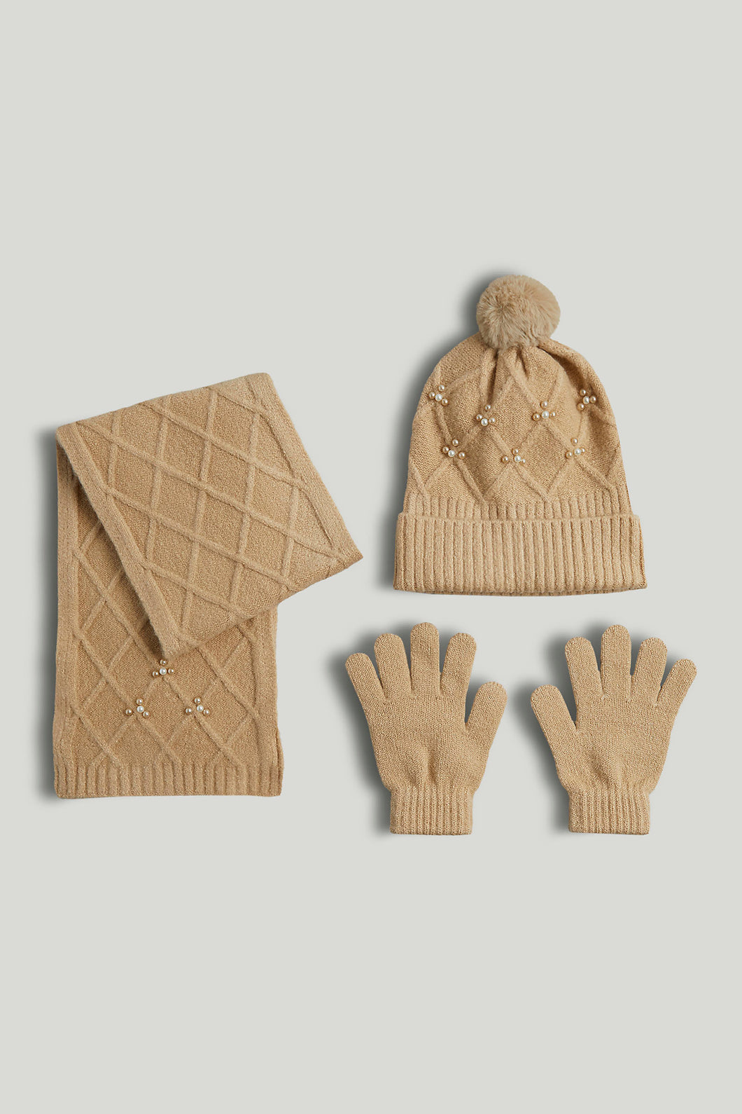Mothercare Tan Knitted Hat, Scarf and Gloves Set
