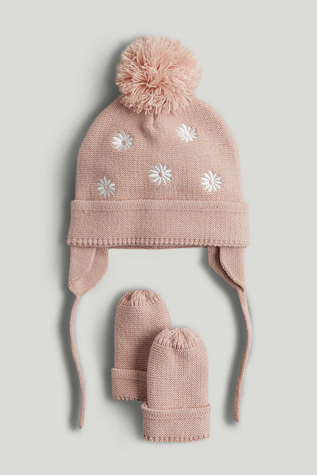 Mothercare Pink Daisy Knitted Hat and Mitts Set