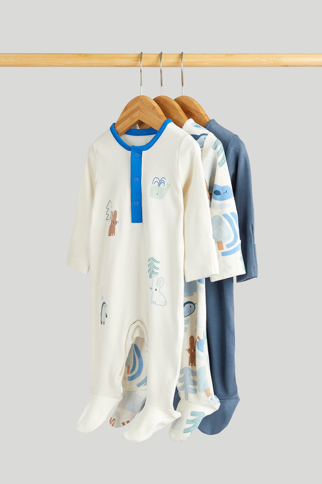 Mothercare 3 Pack Blue Animals All-in-Ones