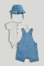 
                        
                          Load image into Gallery viewer, Mothercare Blue Bibshorts, White Bodysuit and Blue Sun Hat Outfit
                        
                      