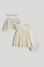 
                        
                          Load image into Gallery viewer, Mothercare Cream Dress, Cardigan, Knickers and Headband Outfit
                        
                      