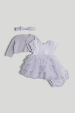
                        
                          Load image into Gallery viewer, Mothercare Purple Dress, Cardigan, Knickers and Headband Outfit
                        
                      