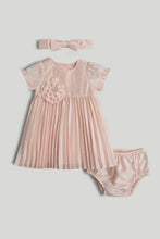 
                        
                          Load image into Gallery viewer, Mothercare Pink Pleated Dress, Knickers and Headband Outfit
                        
                      
