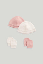 
                        
                          Load image into Gallery viewer, Mothercare 2 Pack Pink and White Cotton Baby Hat and Mitts Set
                        
                      