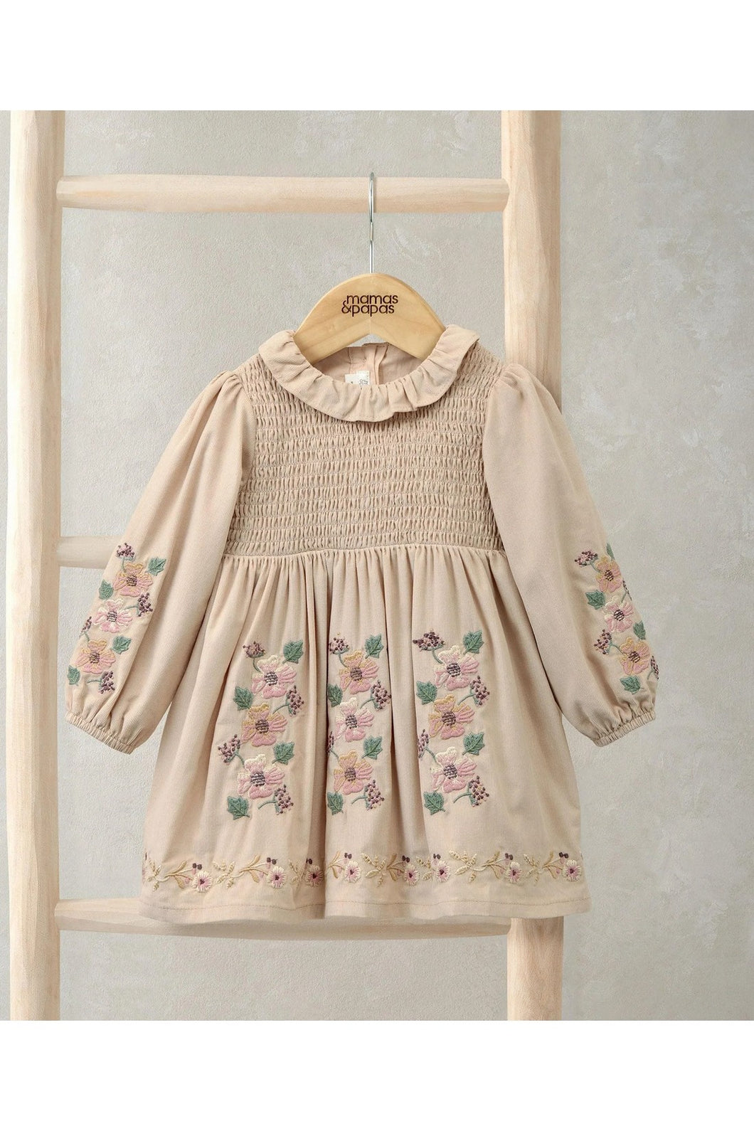 Mamas & Papas Embroidered Cord Dress with Frill Neck & Smocked Yoke