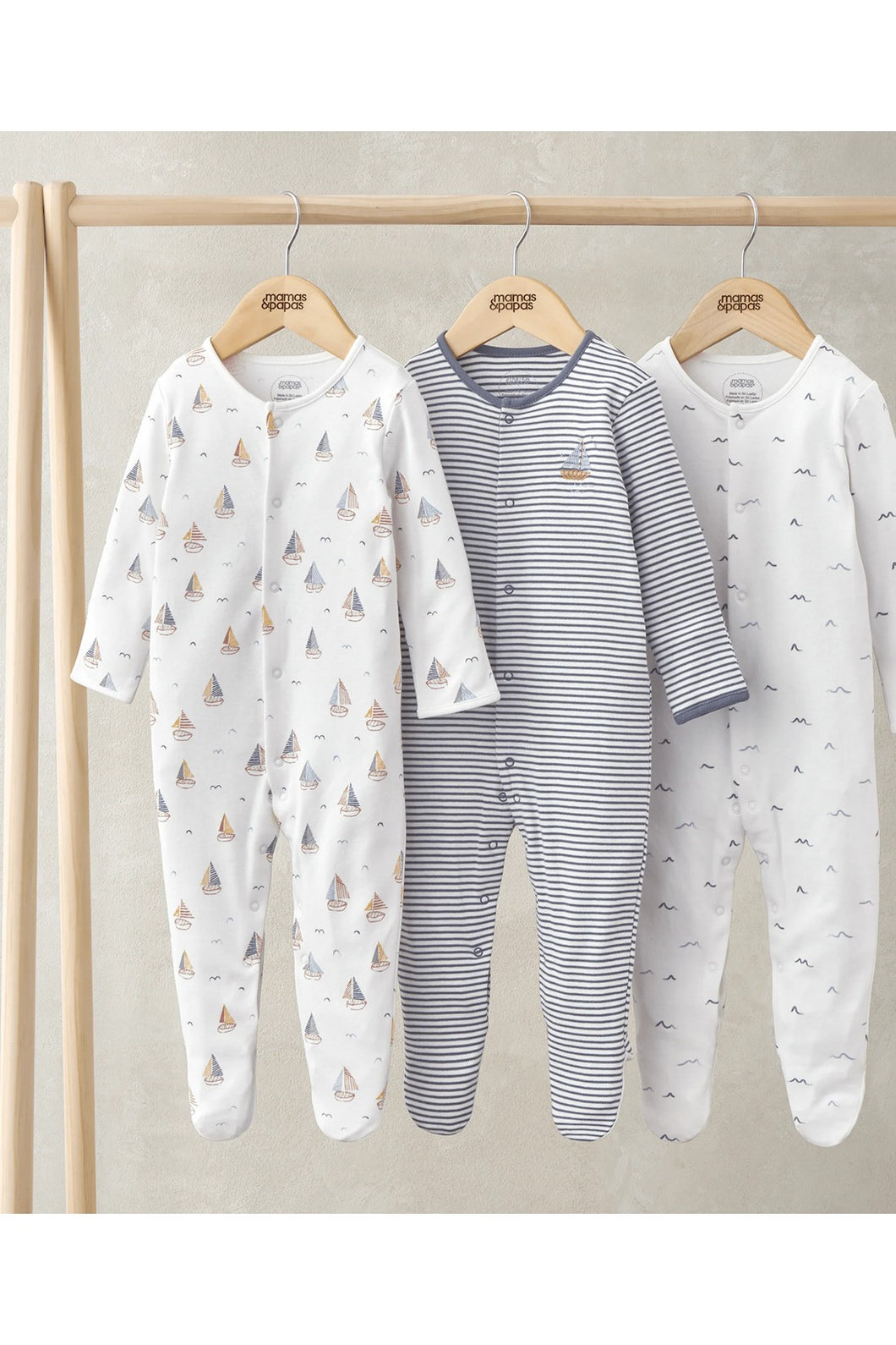 Mamas & Papas Sleepsuits (Pack of 3) - Boat, Water and Stripe Print