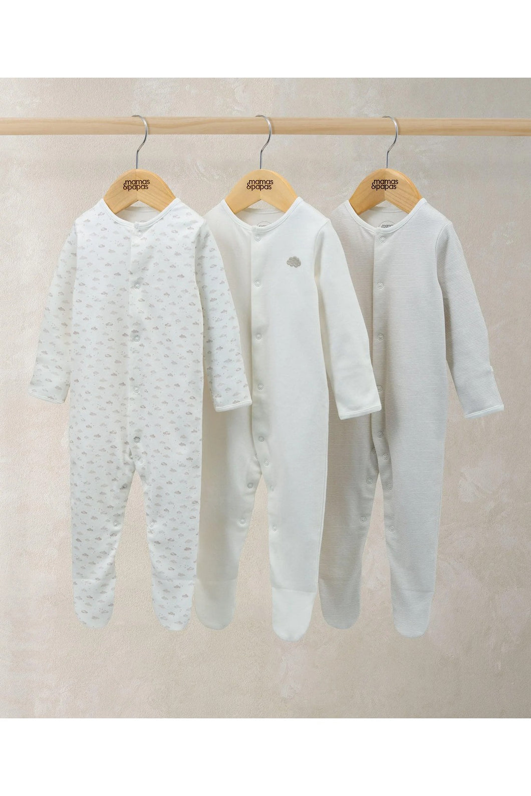 Mamas & Papas Sleepsuits (Pack of 3) - Cloud Stripe & Placement Prints