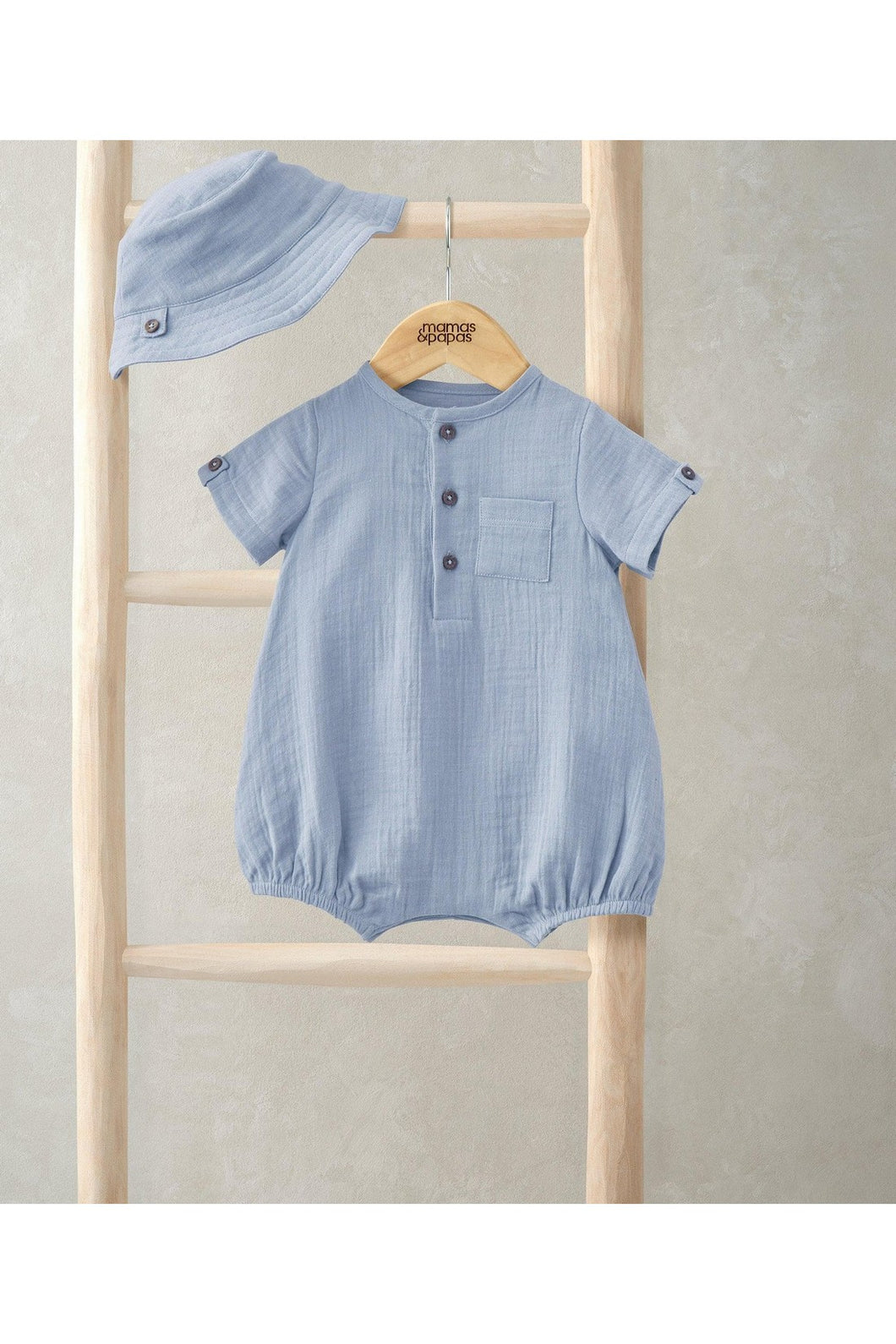 Mamas & Papas Woven Romper & Bucket Hat Set (2 Pieces) - Blue