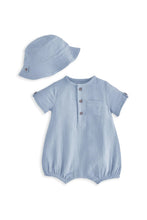 
                        
                          Load image into Gallery viewer, Mamas &amp; Papas Woven Romper &amp; Bucket Hat Set (2 Pieces) - Blue
                        
                      