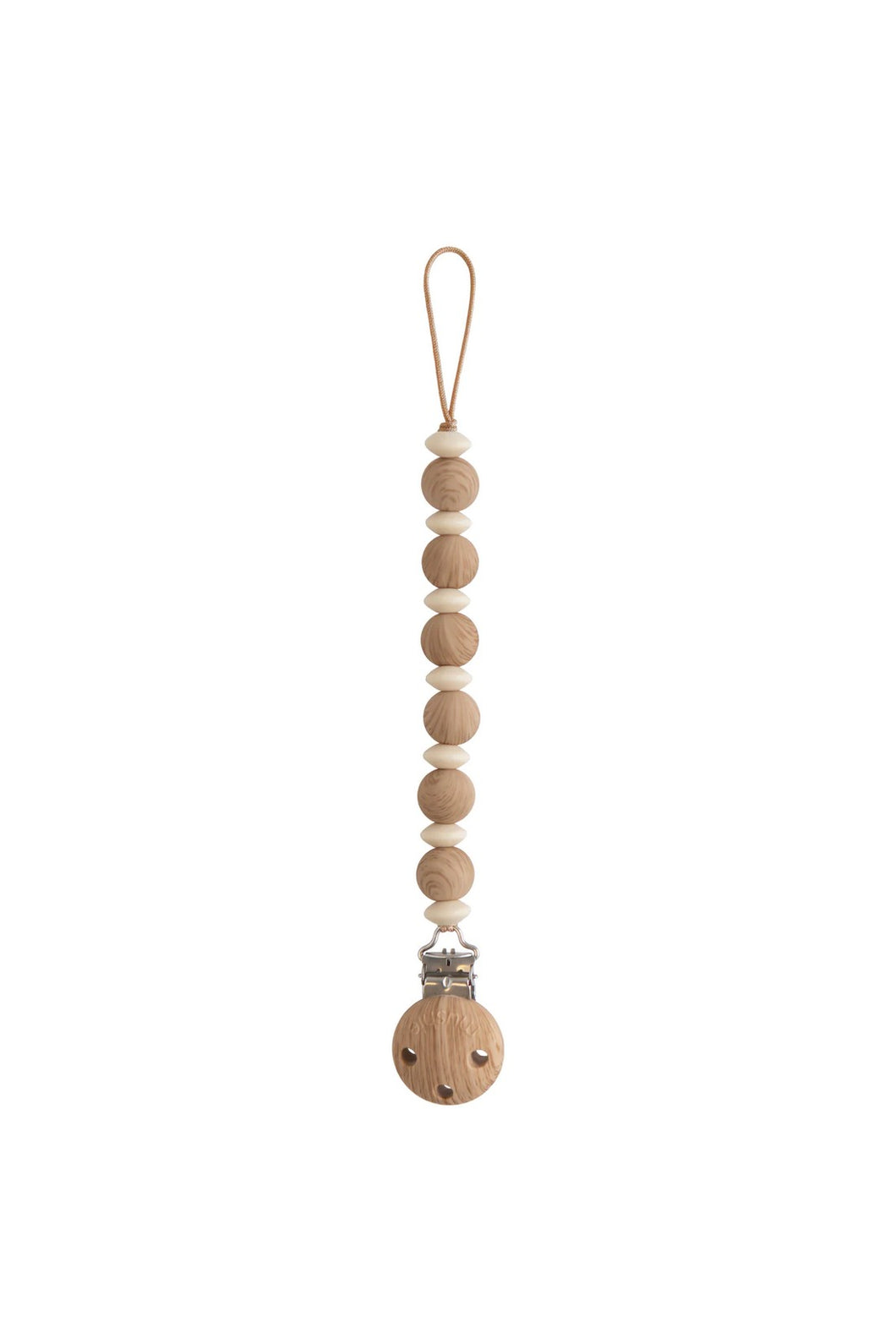Mushie Silicone Pacifier Clip - Luna Faux Wood 1