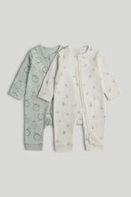 
                        
                          Load image into Gallery viewer, Mothercare 2 Pack Green Footless Zip-Up Sleepsuits
                        
                      
