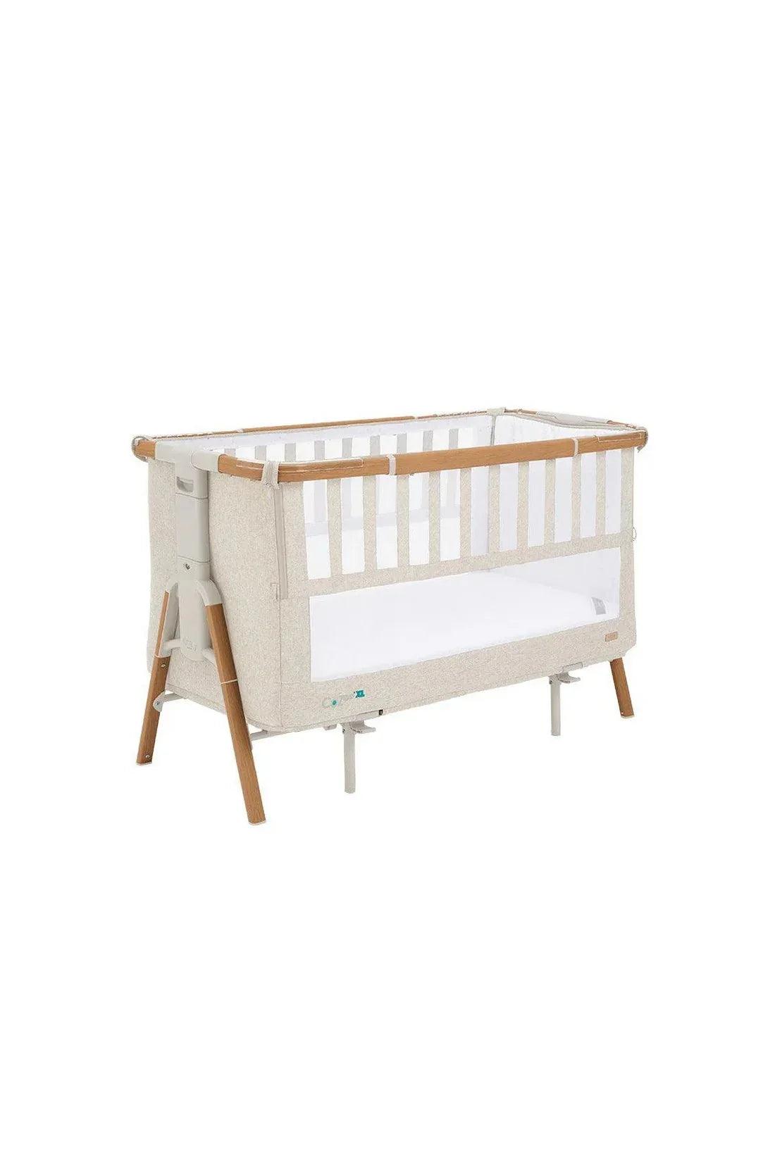 Tutti bambini Cozee XL bedside Cot Color in walnut and Ecru white opened Cot 45 angle shot
