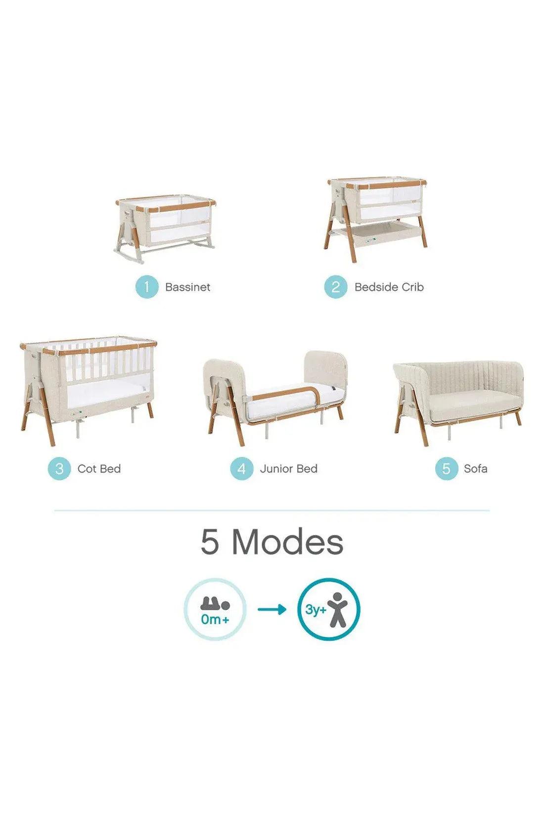 Tutti bambini Cozee XL bedside Cot Color in walnut and Ecru white opened Crib & Cot 5 modes