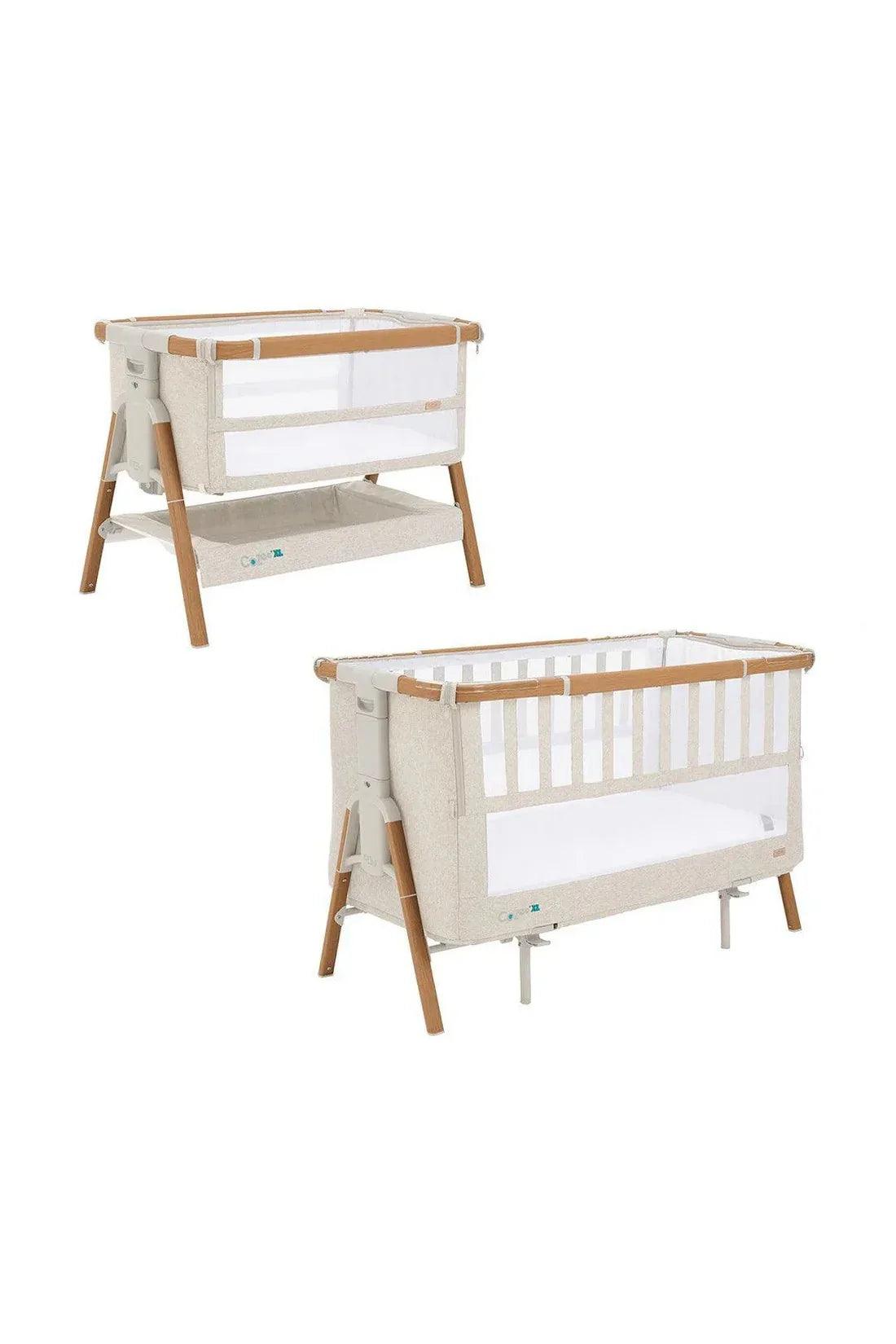 Tutti bambini Cozee XL bedside Cot Color in walnut and Ecru white opened Crib & Cot show case 
