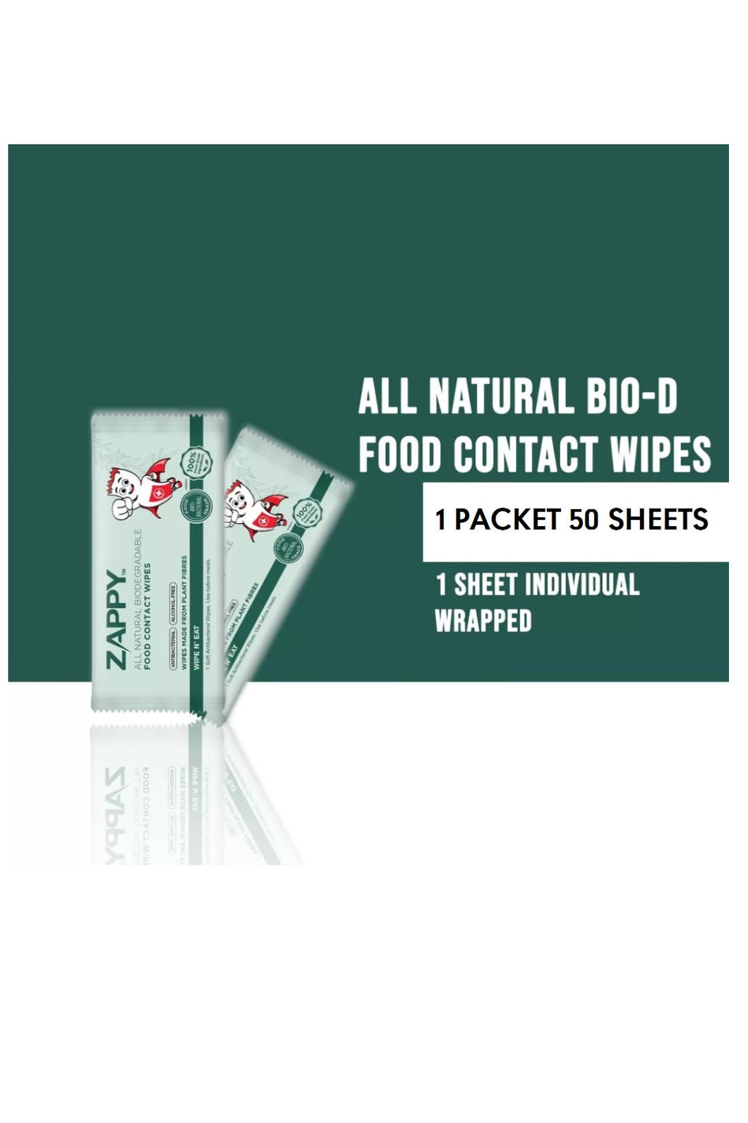 Zappy All Natural Biodegradable Food Contact Wipes - 50 Individual Pack 1