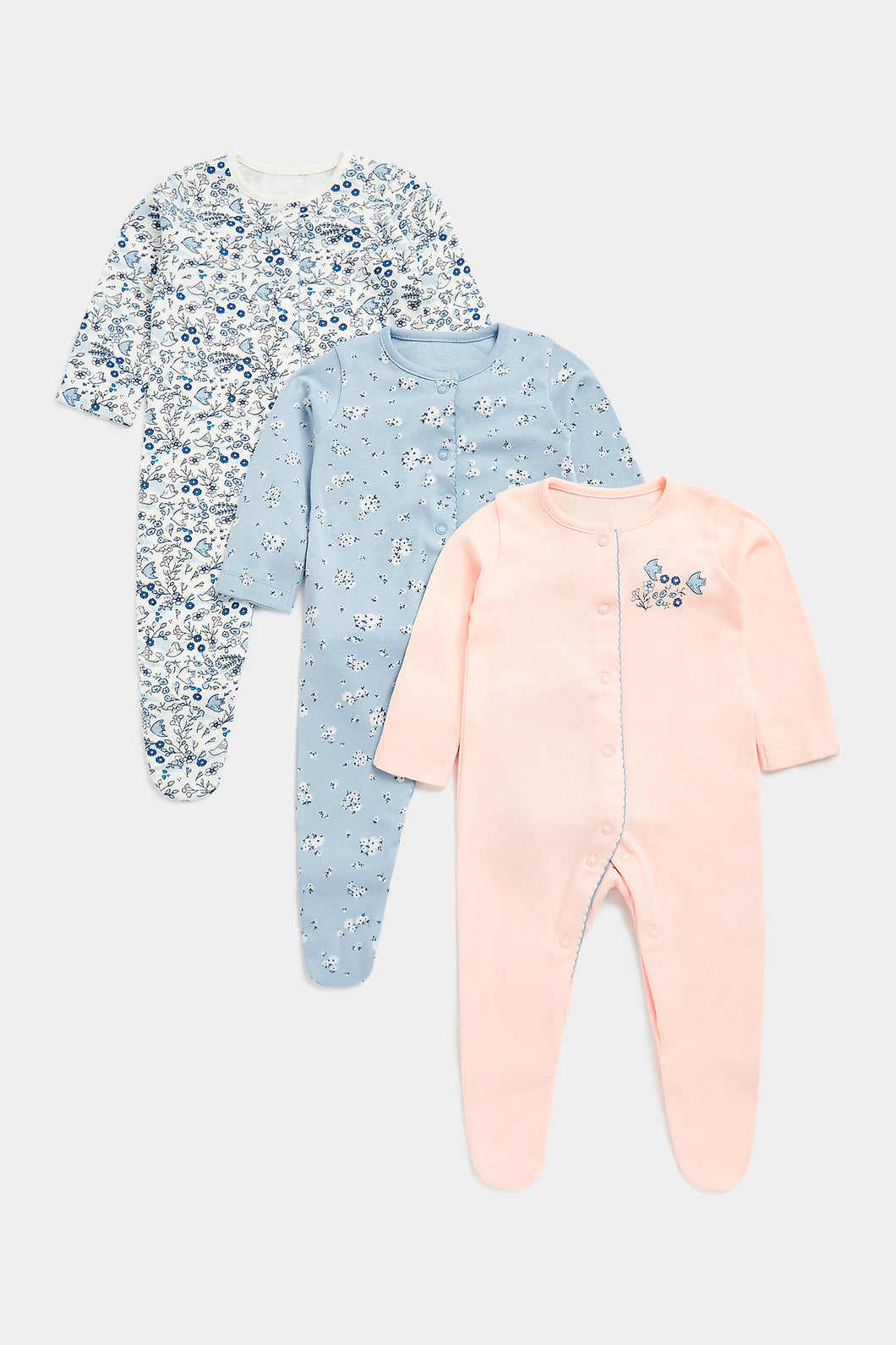 Mothercare 初生嬰兒衫－長袖包腳連身睡衣 3件裝 - Bluebird