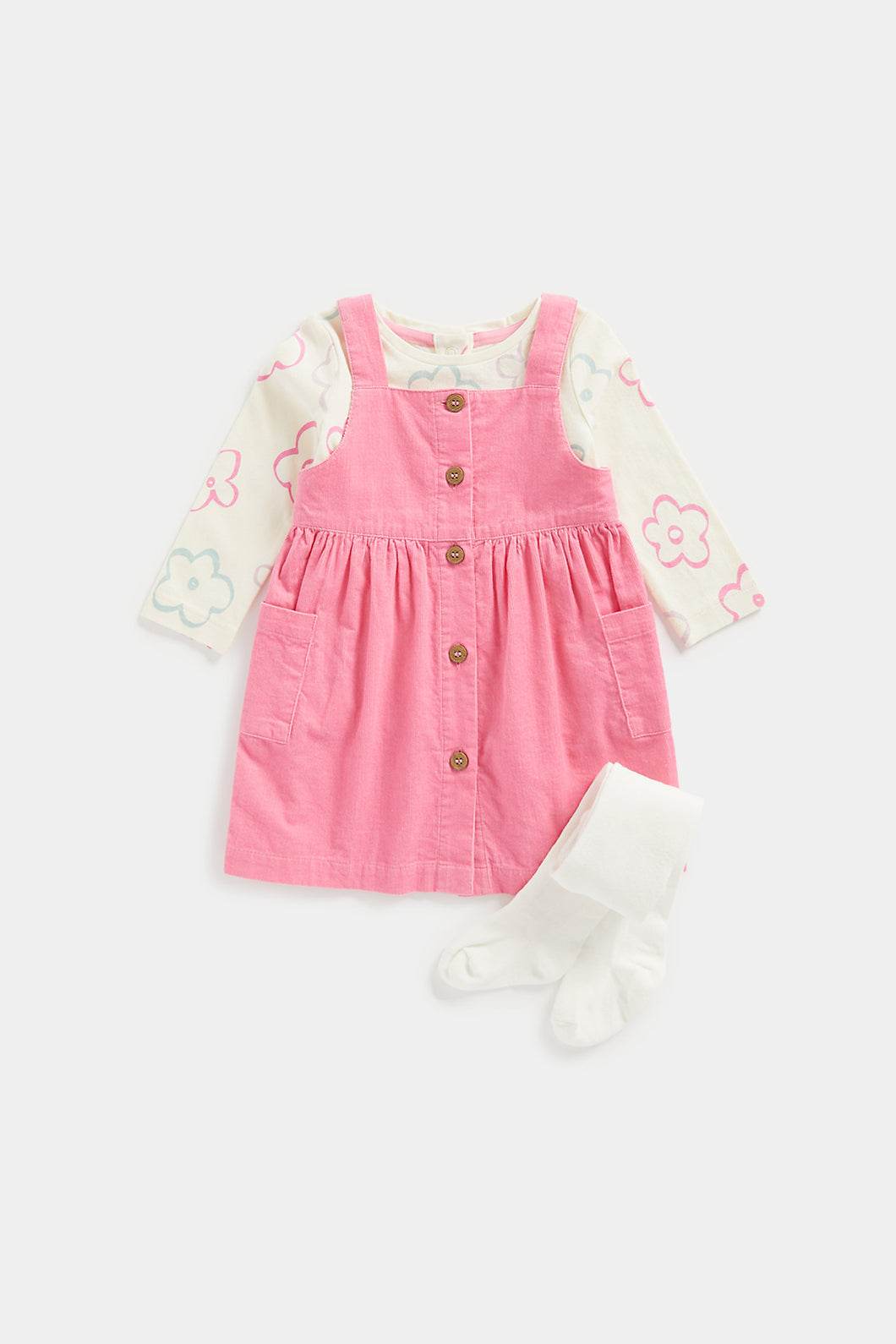 Mothercare Pink Cord Pinny Dress, T-Shirt and Tights Set