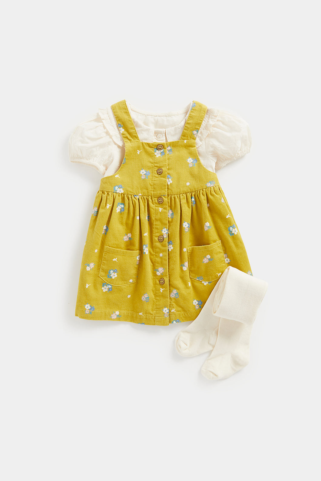 Mothercare Cord Pinny Dress, Blouse and Tights Set