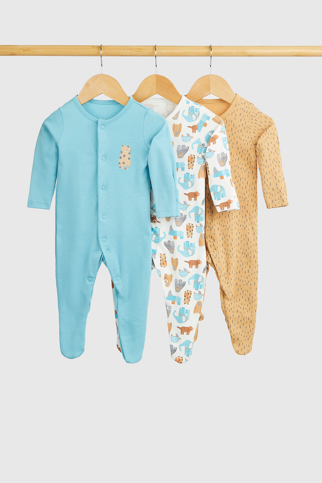 Mothercare Tiger And Elephant Baby Sleepsuits - 3 Pack